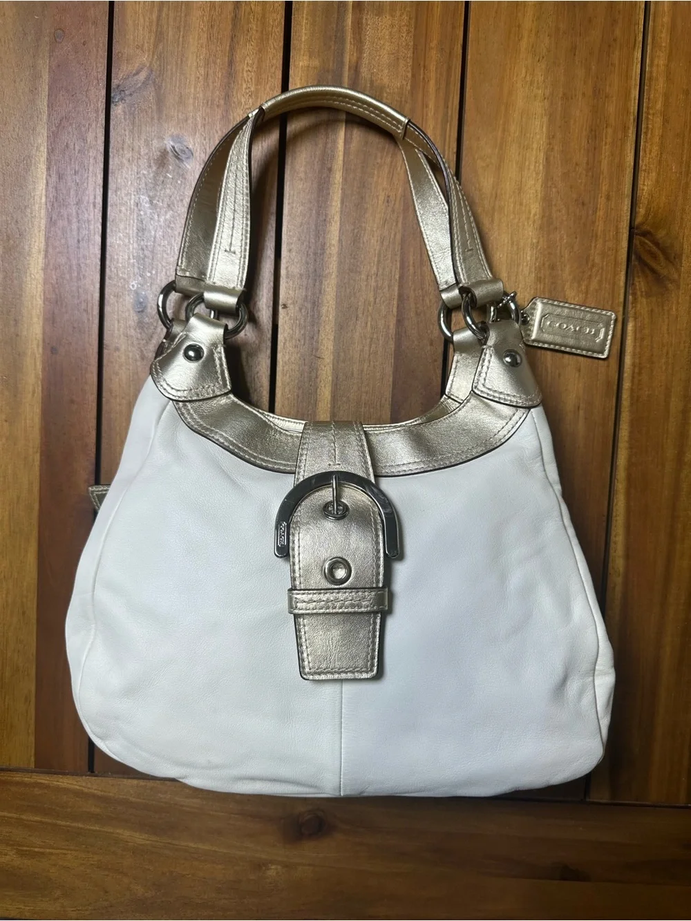 Coach Lynn SoHo White Smooth Leather Shoulder Bag with Gold Trim